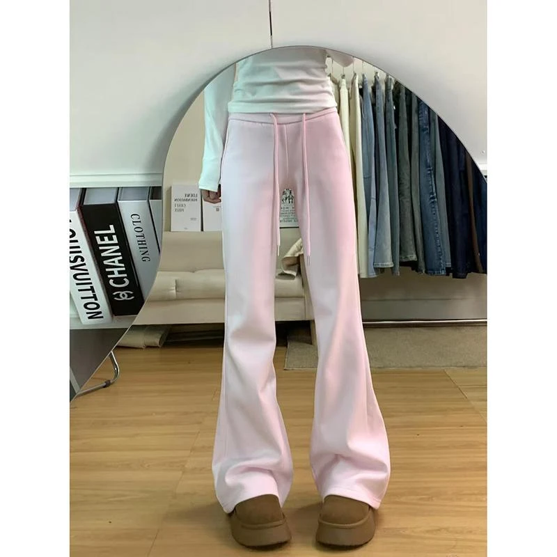 粉色美式喇叭垂感宽松运动裤女高腰显瘦休闲微喇阔腿卫裤春季潮牌