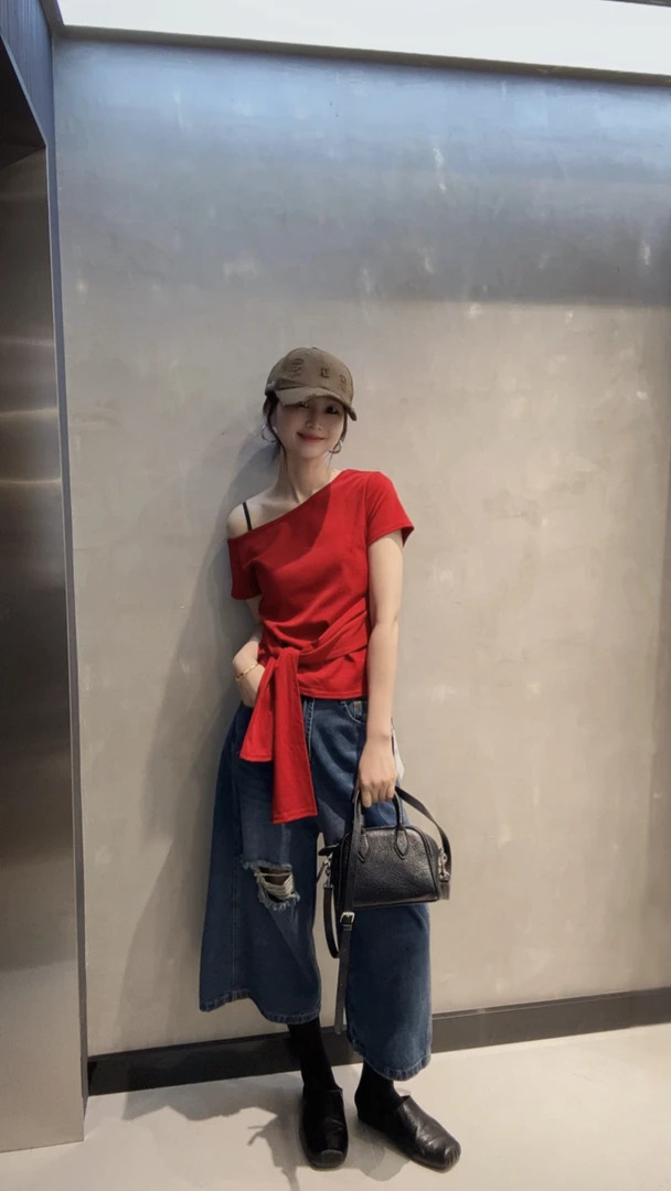 休闲T恤一字肩风红色不规则显瘦夏季短袖绑带圆领