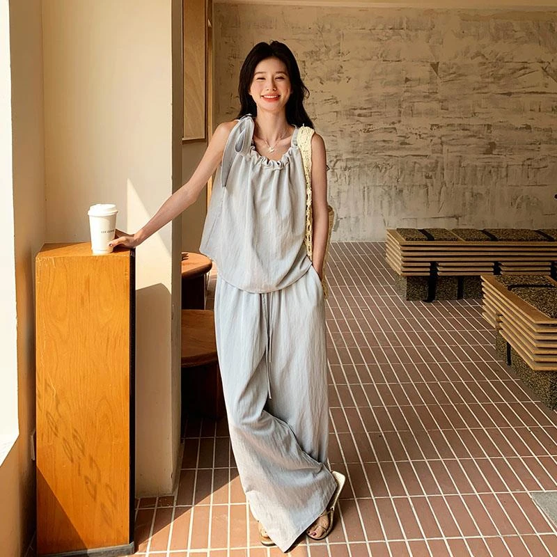 韩系度假风挂脖系带小衫阔腿裤套装女2025夏新款慵懒风休闲两件套