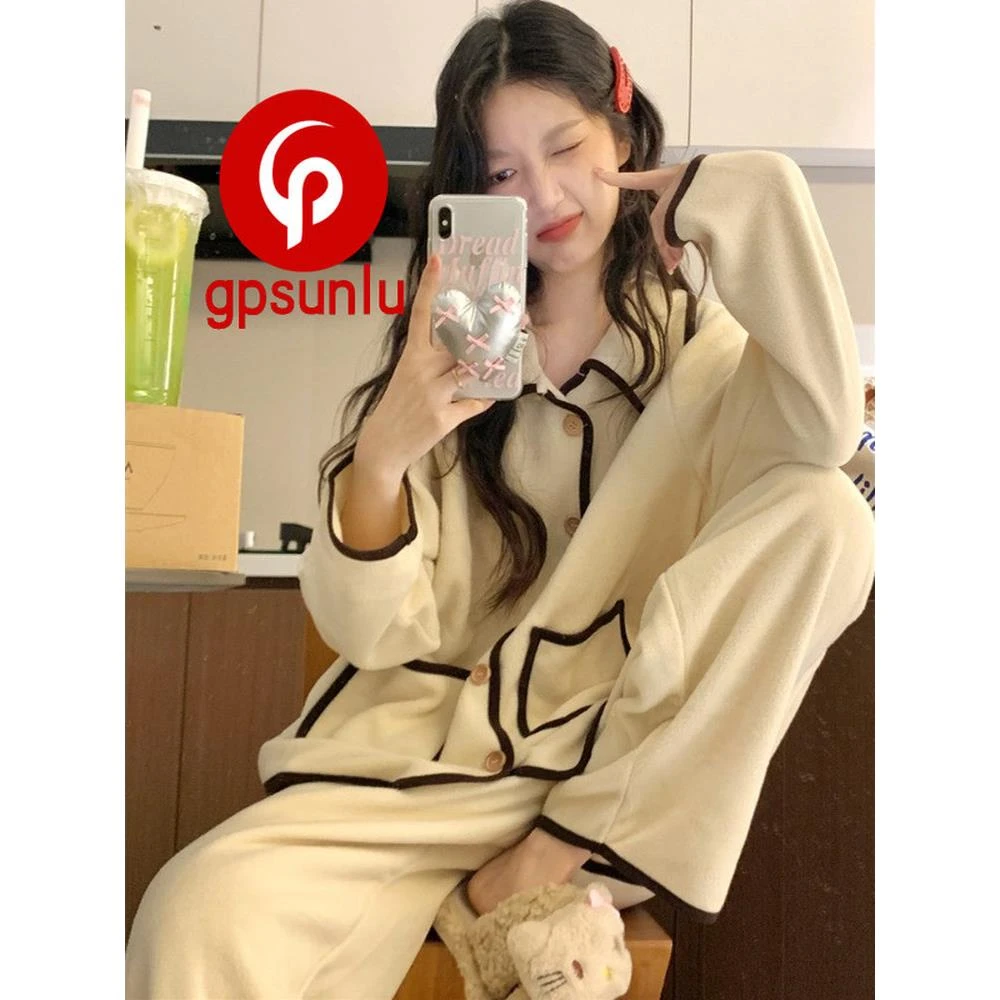 gpsunlu简约小香风法兰绒睡衣女秋冬加厚绒韩版珊瑚绒家居服套装