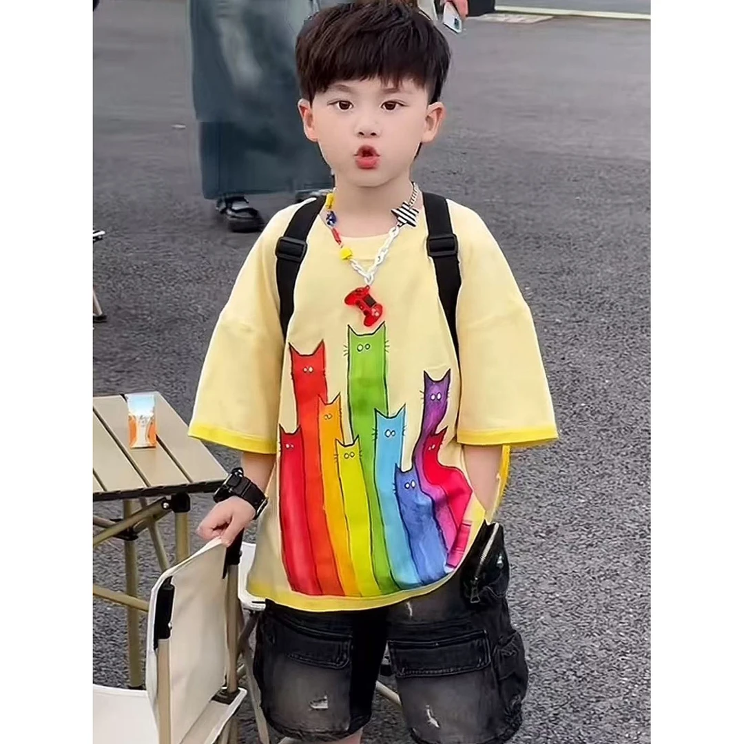 儿童夏季新款男童套装彩色猫咪印花宽松短袖T恤牛仔五分裤两件套