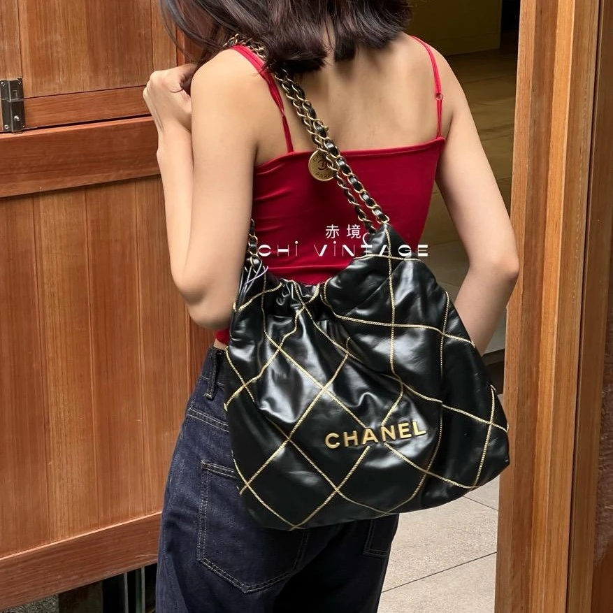 99新 Chanel/香奈儿 6491 黑金金丝23b限量22bag小号芯片款