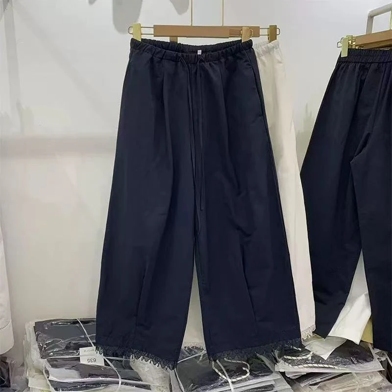 D1111松紧腰拼接花边休闲阔腿裤夏季新款宽松百搭减龄九分直筒裤