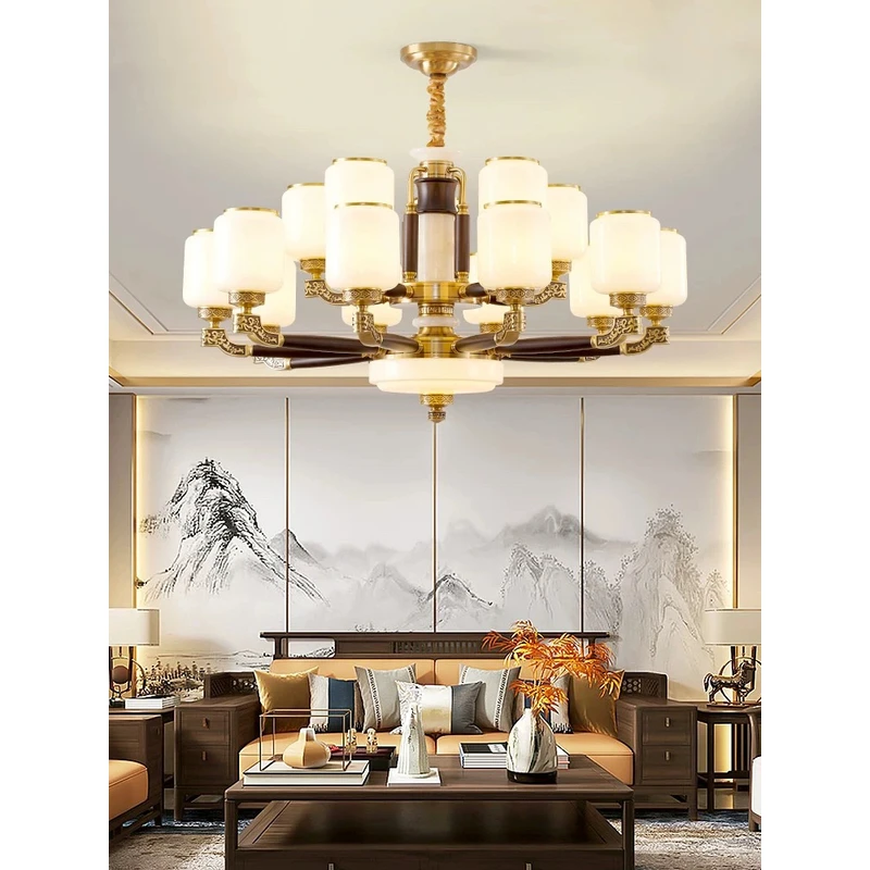 全铜新中式玉石客厅吊灯中国风乌金木实木别墅主灯餐厅灯具大全