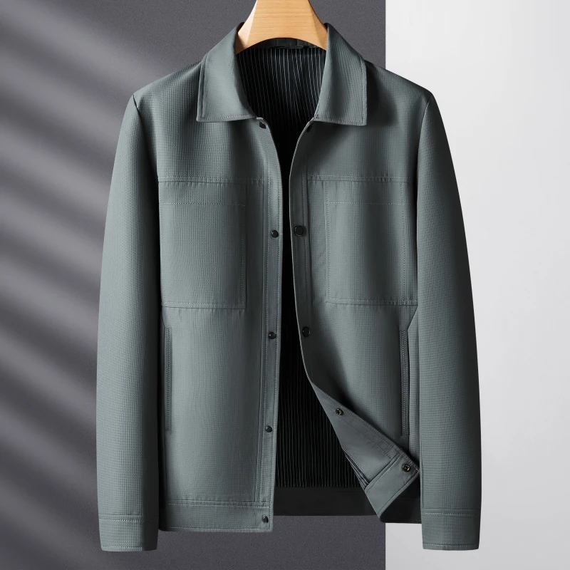 约文库费高端中年大码男士翻领纯色春秋商务休闲加肥宽松夹克外套