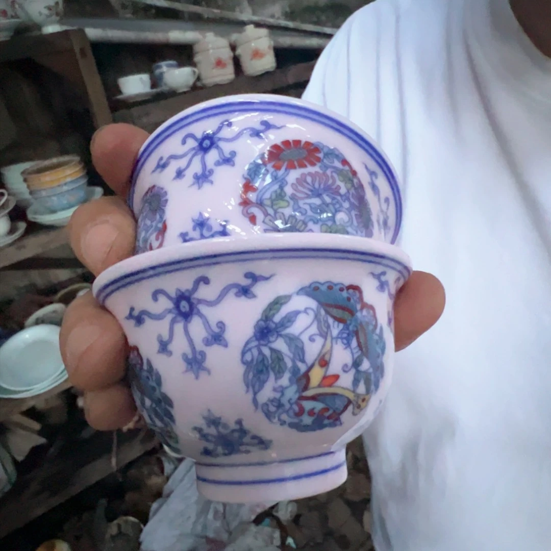 瓷片景德镇陶瓷红团菊团碟杯2只