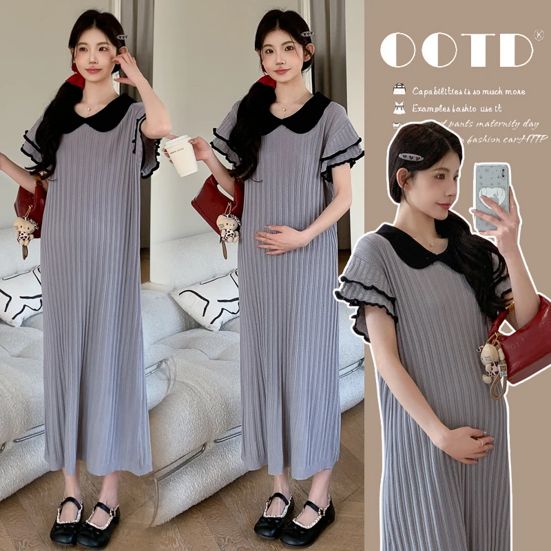 孕妇连衣裙夏季蝴蝶结娃娃领宽松减龄时尚气质显瘦中长款短袖裙子