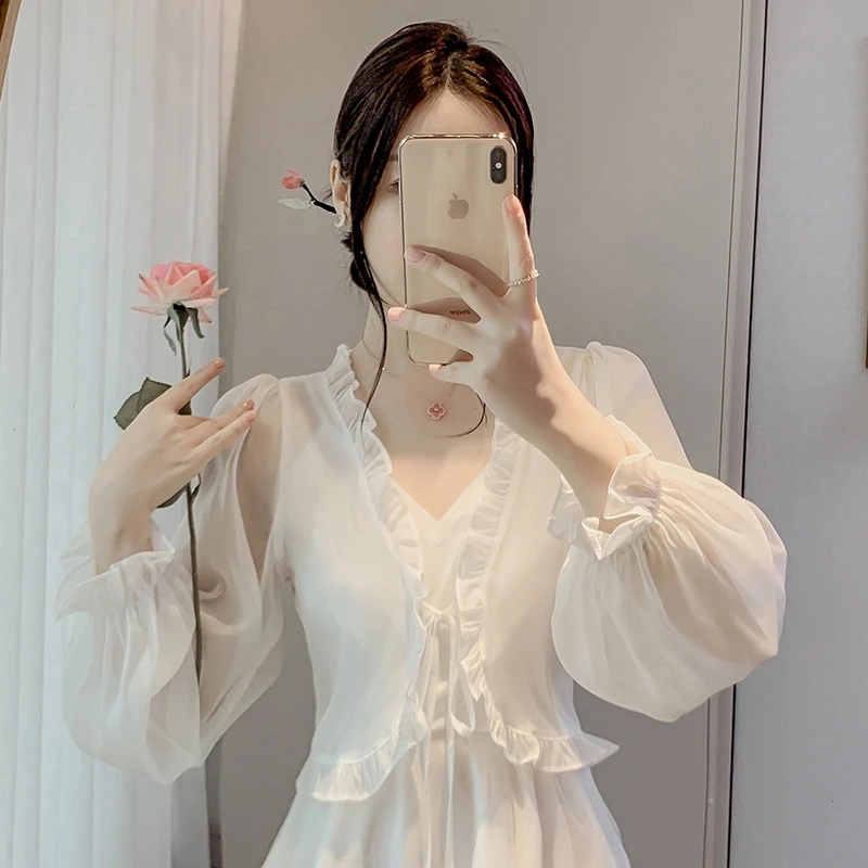 2025荷叶边短款罩衫吊带裙子外搭女显瘦小披肩防晒雪纺开衫上衣夏