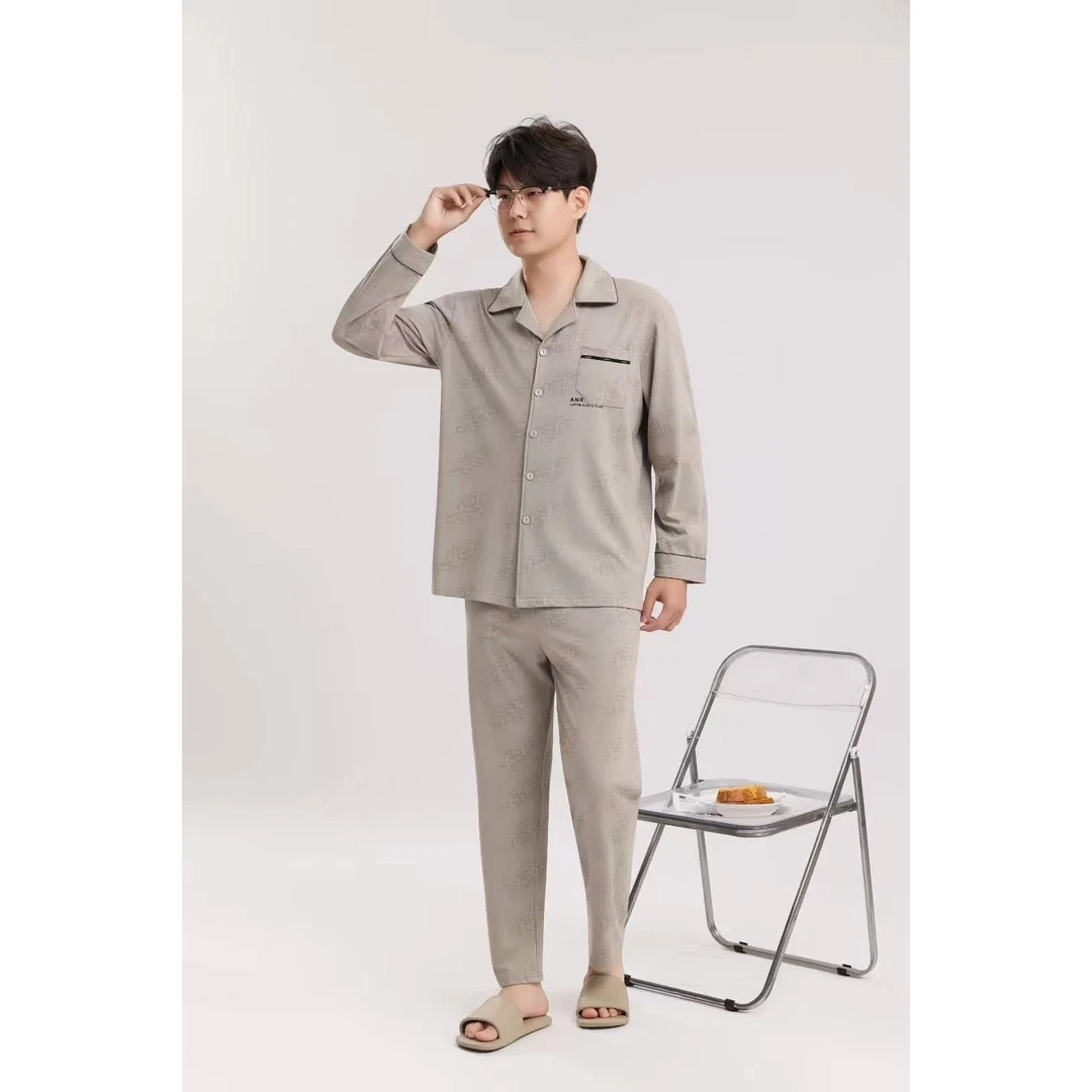 2025秋季爆款极简翻领对门男双长家居服套装25770