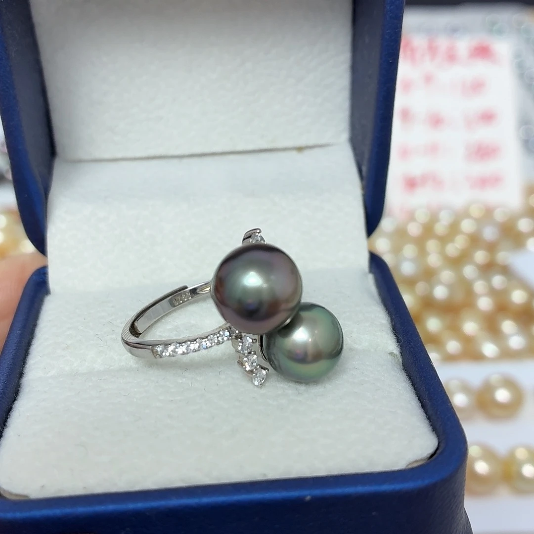 银S925镶嵌海水珍珠颈饰大溪地双珠戒指