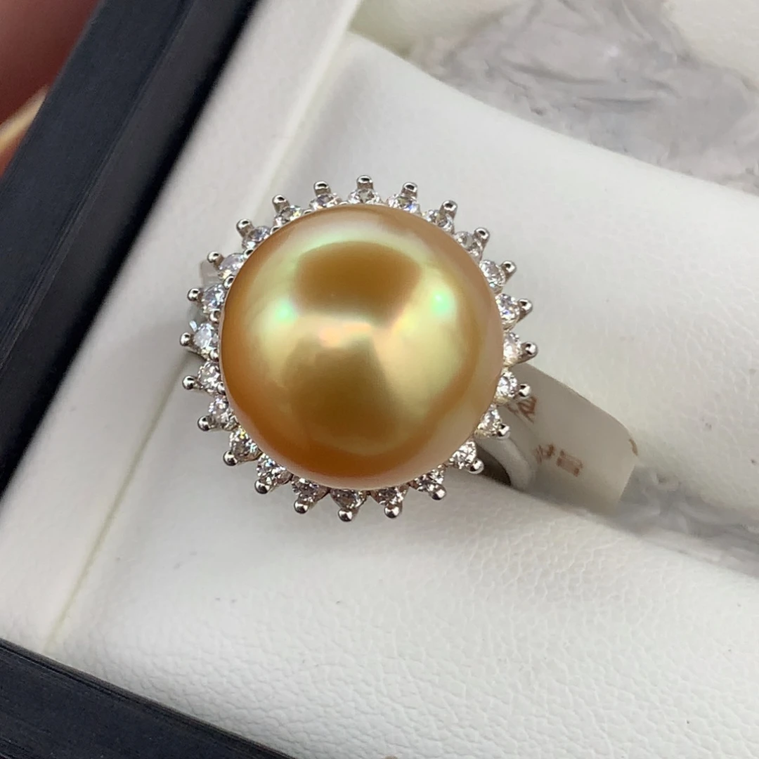定制海水珍珠戒指/指环银S925镶嵌13-14mm金珠裸珠一颗