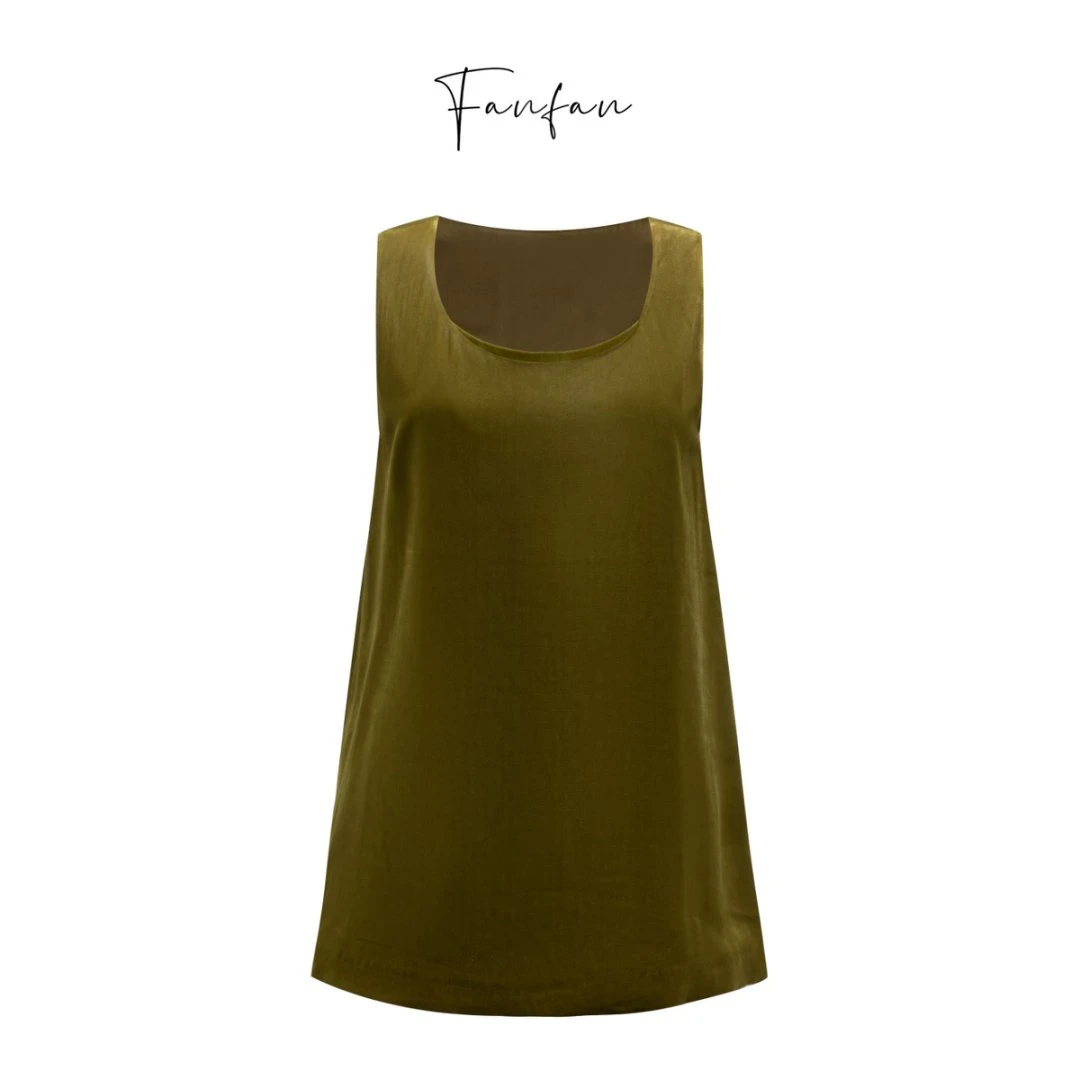 【Fan.fan精选】“青竹雨林”真丝.复古橄榄绿气质丝绒背心
