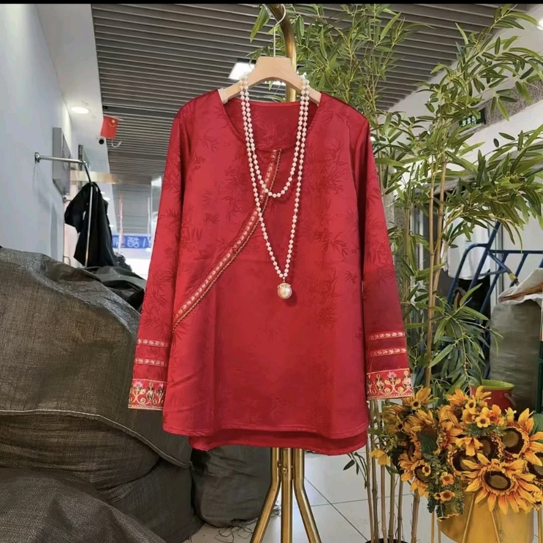 芃芃9138新年款大码女装新中式斜襟拼接织带提花衫上衣