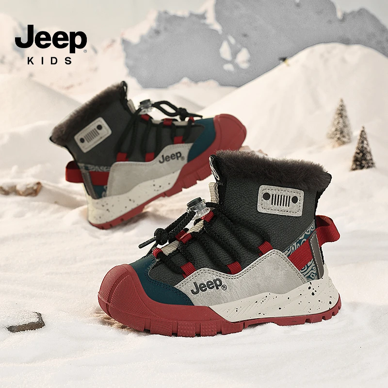 jeep男女孩雪地靴冬大棉靴儿童加绒加厚防滑防水大棉皮毛一体