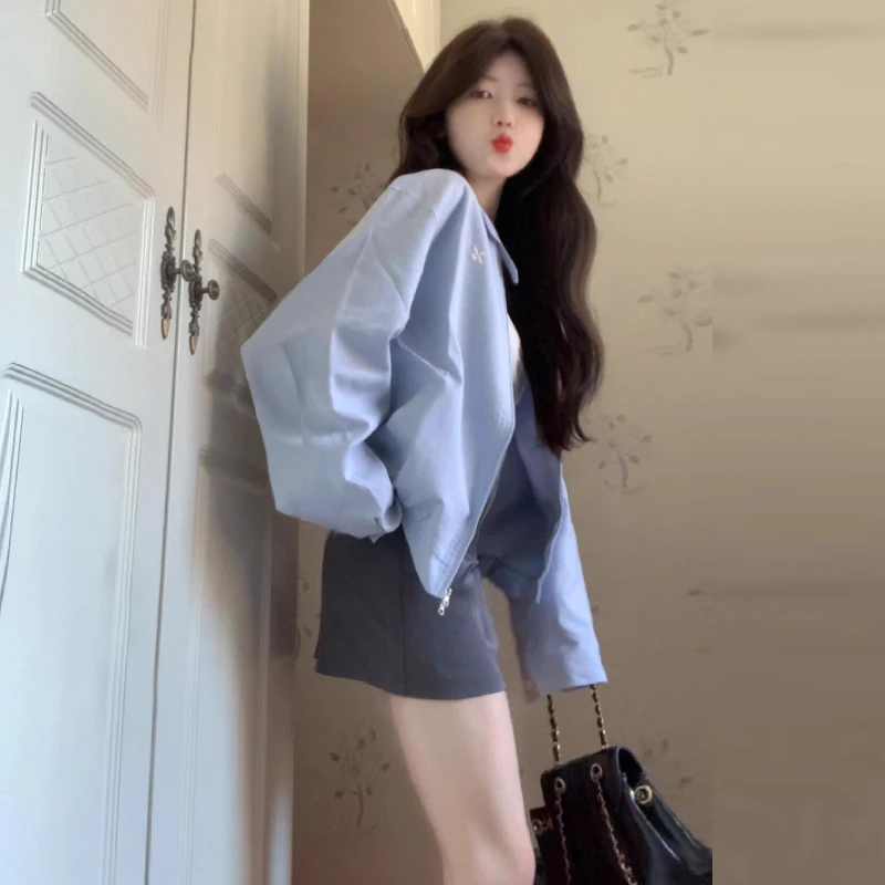 2025春秋季新款女士韩系巨好看蓝色夹克外套独特漂亮高级感短上衣