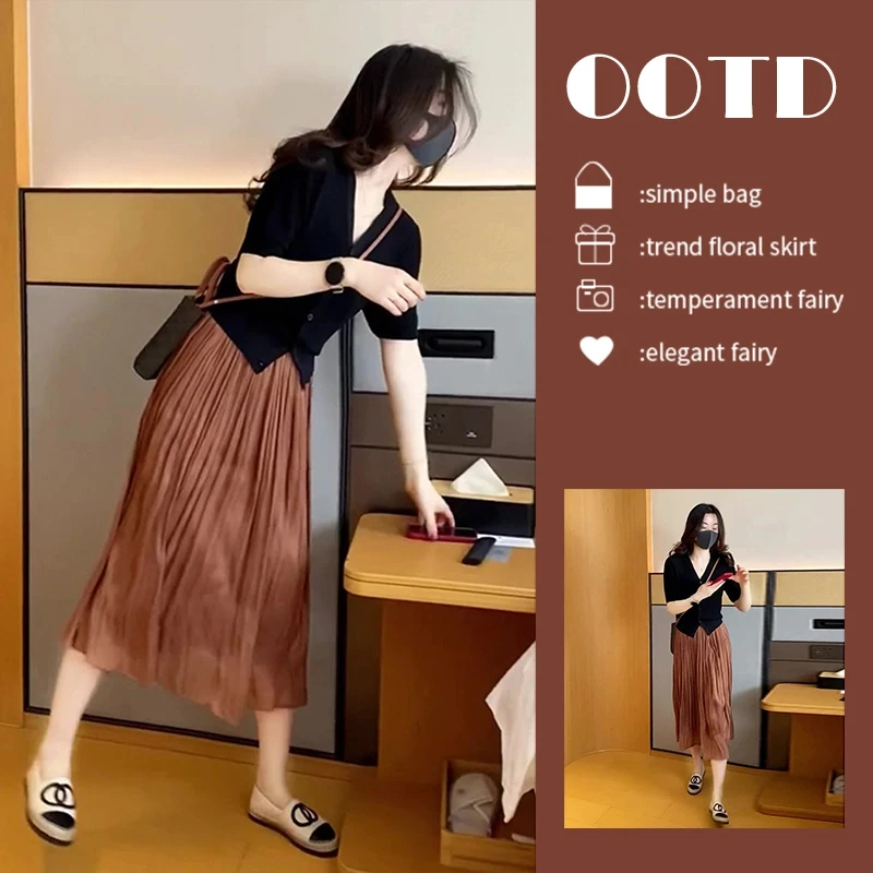 夏装洋气衣服女微胖显瘦茶系穿搭减龄小个子连衣裙子套装女半身裙