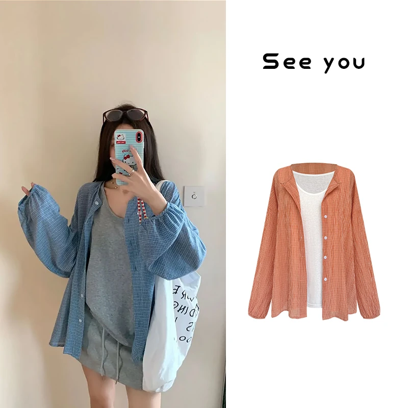 【慵懒假日】韩系格子宽松衬衫夏季百搭衬衫外套显瘦宽松上衣X942