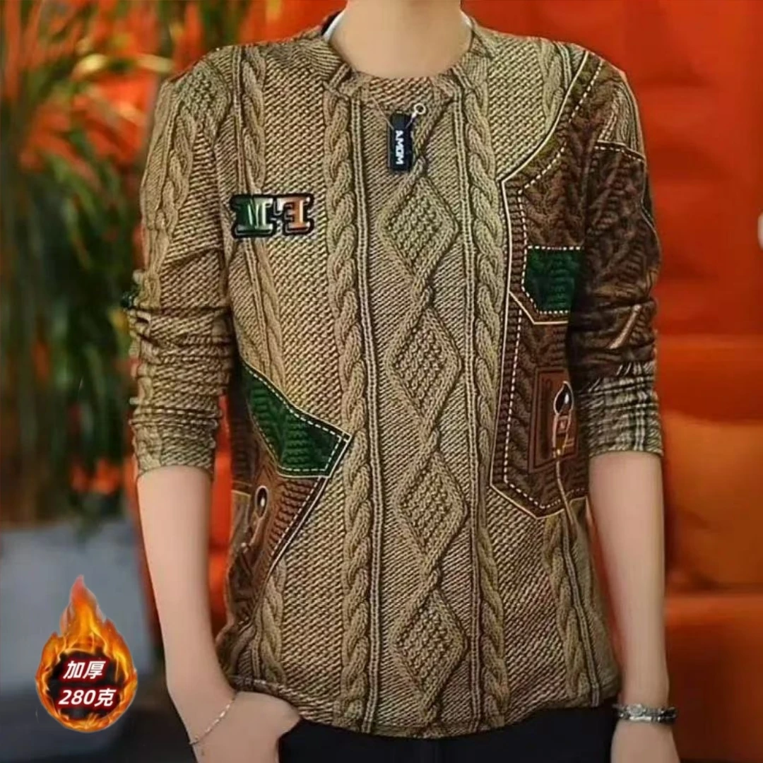 新款秋冬印花男士t恤长袖潮流休闲加厚保暖修身时尚百搭洋气打底