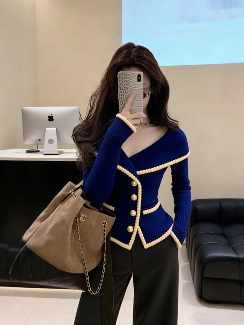 设计感时尚减龄气质小香风针织衫女2025秋冬新款韩系宽松翻领毛衣