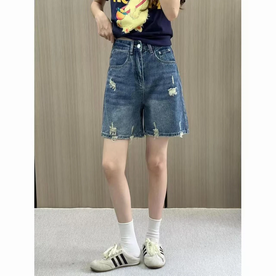 高腰时尚宽松女士夏季深蓝破洞短裤破洞裤子牛仔薄款