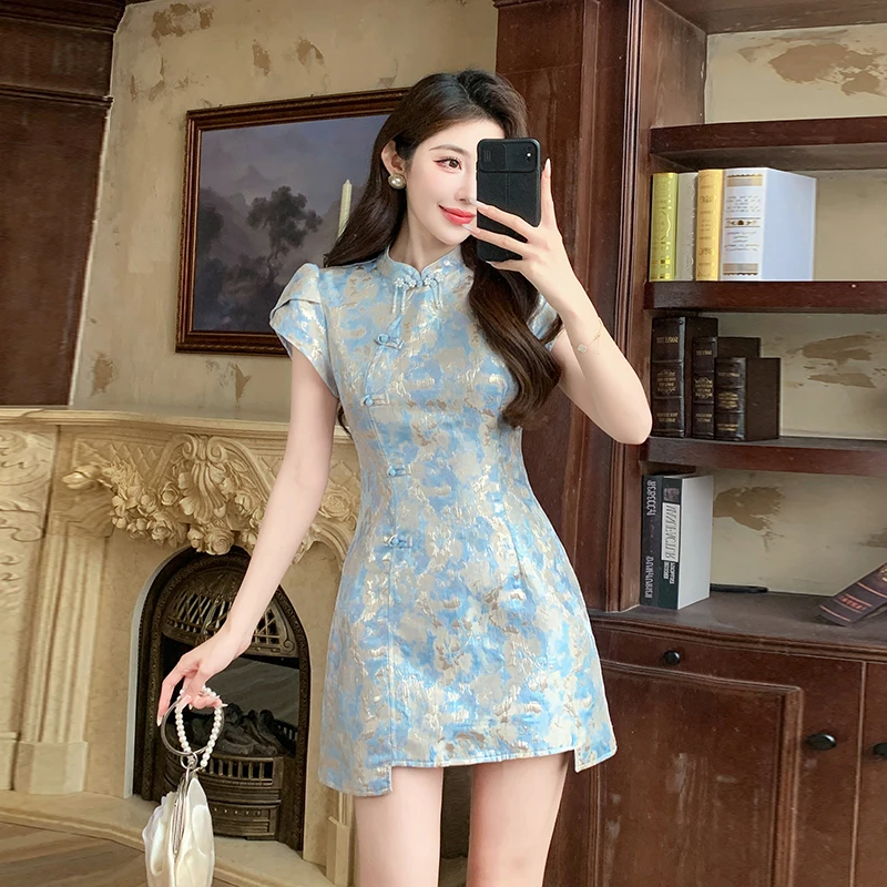 甜美优雅提花重工盘扣新中式改良旗袍洋气连衣裙