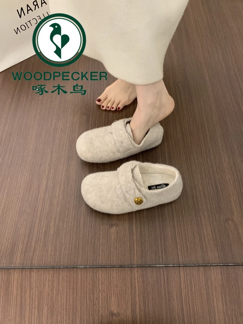 啄木鸟复古魔术贴呢子毛毛鞋女2025秋冬季新款加绒保暖芭蕾棉鞋