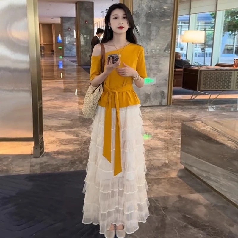 时尚套装裙女2025夏季新款显瘦短袖露肩T恤网纱蛋糕半身裙两件套