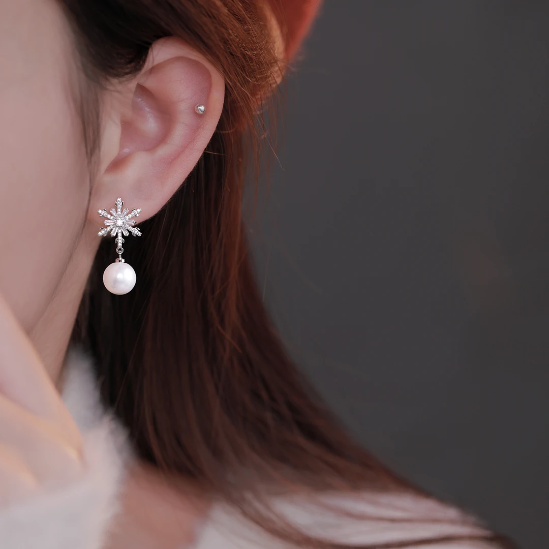 铜合金耳饰 925银针雪花耳环精致百搭设计感耳饰法式百搭珠珠耳钉