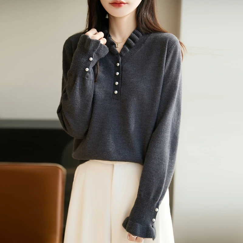 哥弟阿玛施正品女装毛衣秋冬木耳领洋气针织衫时尚宽松打底衫上衣