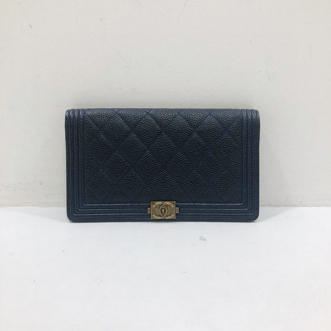 95新 Chanel/香奈儿 全皮深蓝色菱格纹钱包
