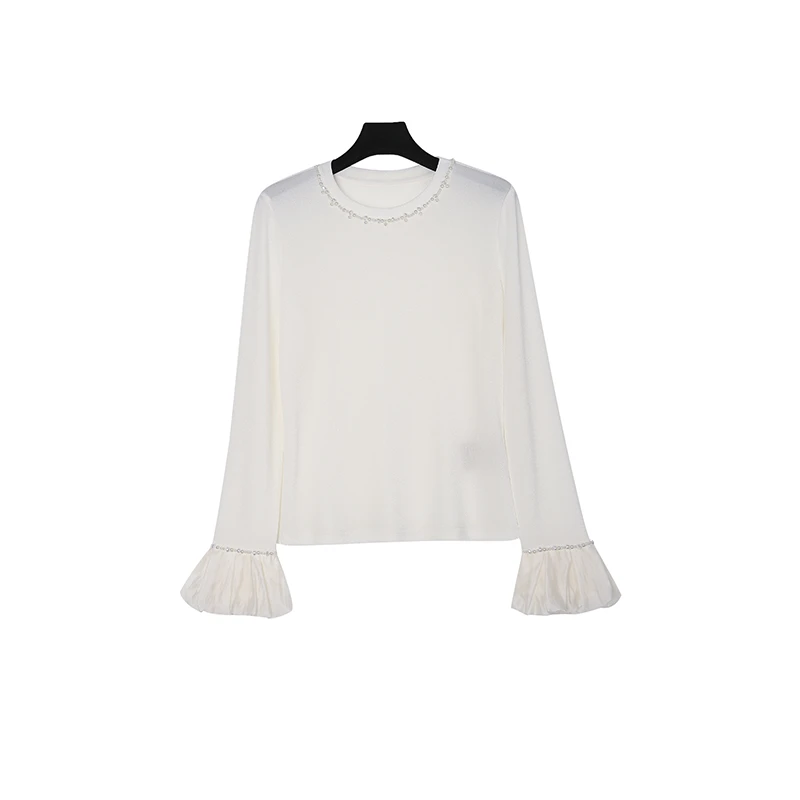精致手工订珠圆领荷叶边袖优雅气质百搭上衣CEA2163