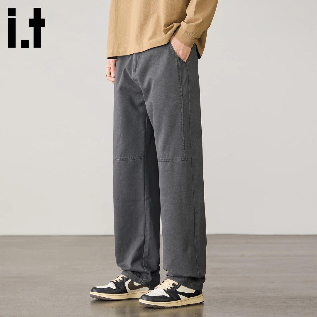 it: CHOCOOLATE纯棉拼接休闲裤男士2025冬季新款复古宽松直筒裤子