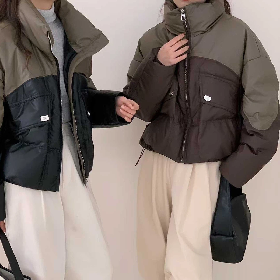 83895冬款宽松立领撞色拼接下摆抽绳短款PU百搭白鸭绒羽绒服外套