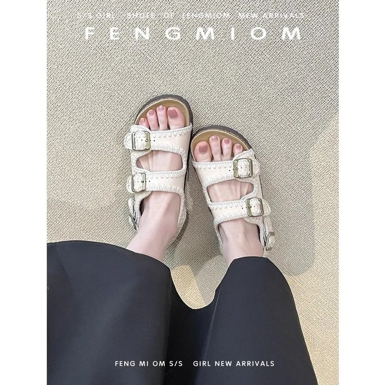 厚底皮带扣勃肯鞋休闲露趾凉鞋女2025新款外穿沙滩度假罗马凉拖鞋
