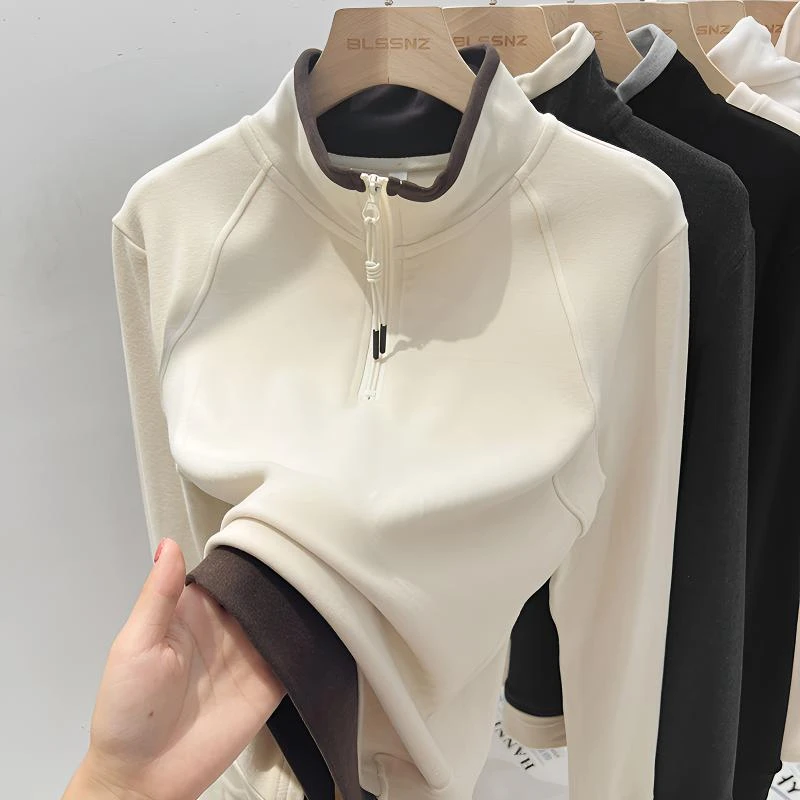 随便搭都好看~半拉链长袖女秋冬季保暖拼接上衣半高领德绒打底衫