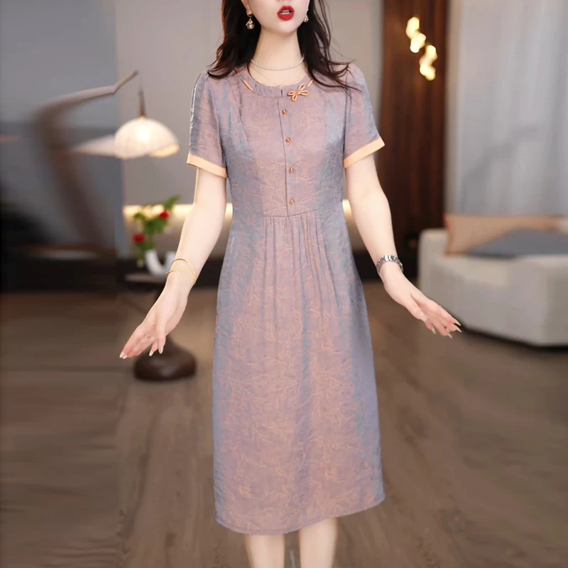 设计感显高复古花色休闲连衣裙女2025夏季新款洋气减龄中长款裙子