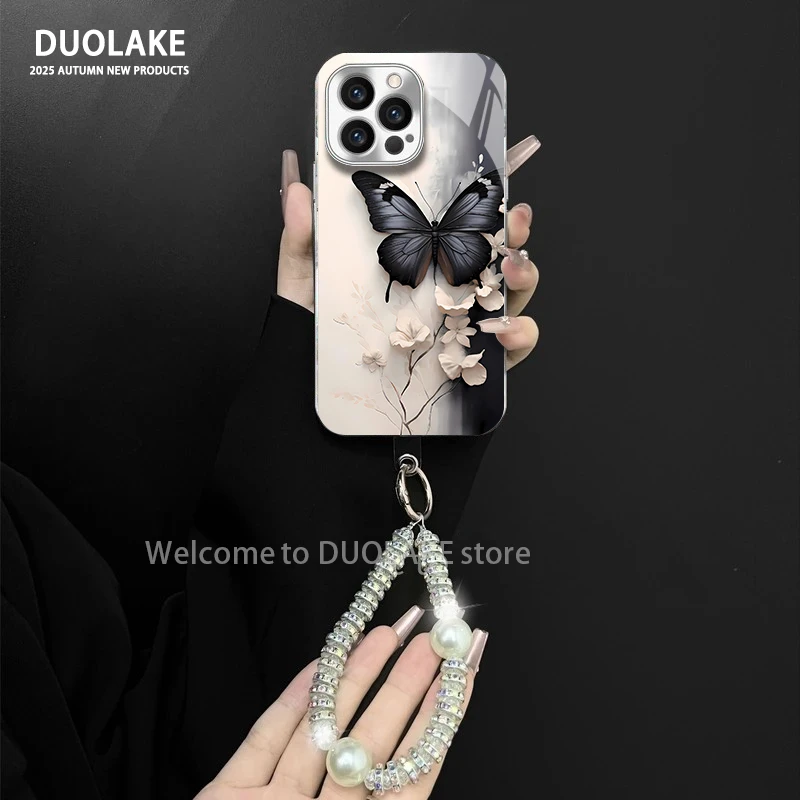 复古蝴蝶适用苹果vivo华为oppo小米iPhone17电镀玻璃防摔手机壳潮