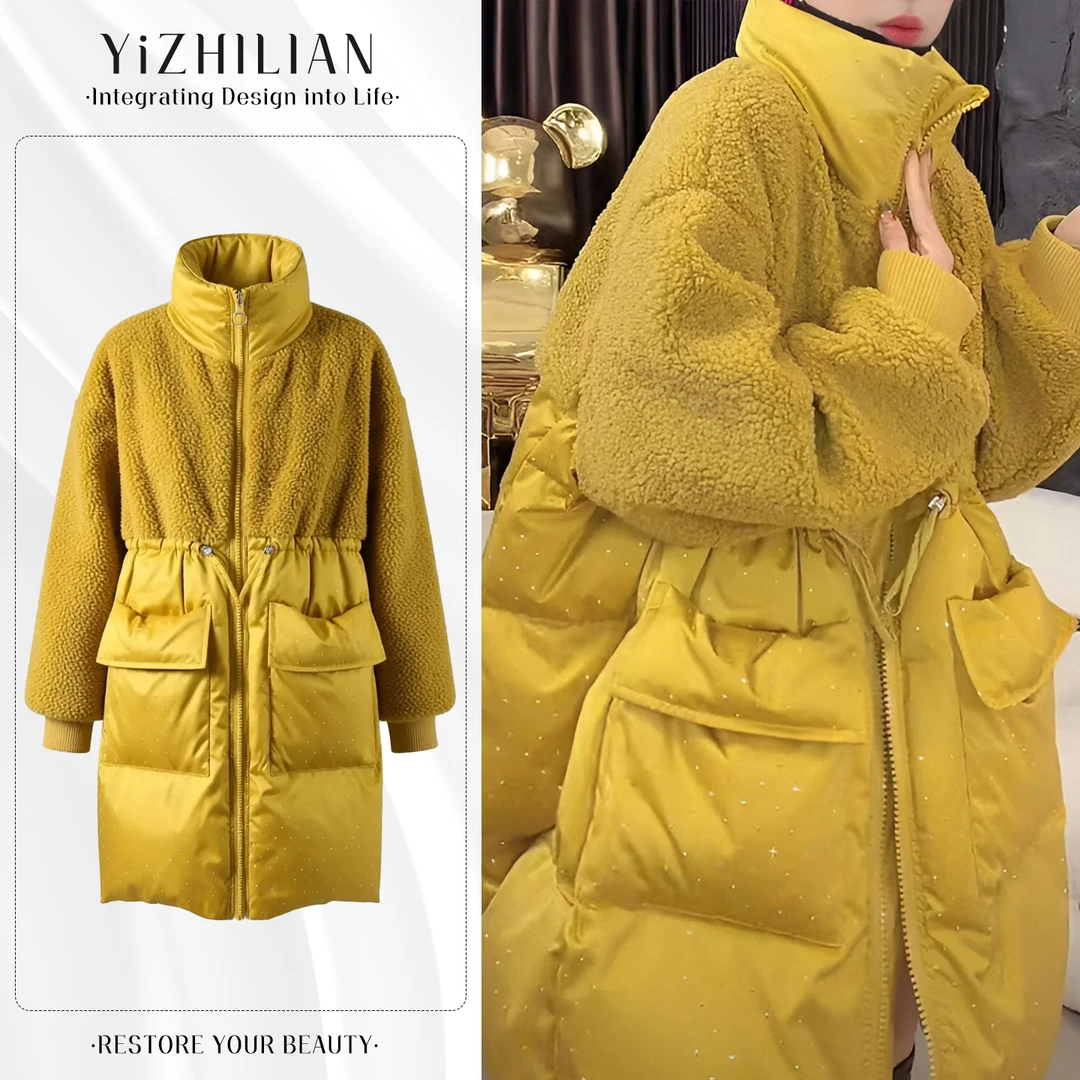 2025秋冬新款气质休闲女中长款时尚拼接毛毛宽松棉服保暖加厚外套