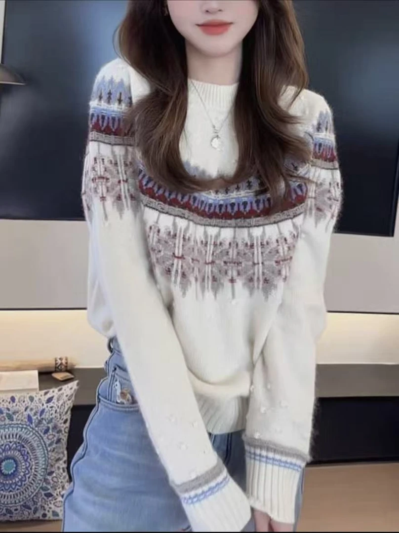 温柔慵懒风宽松套头毛衣2025年秋冬季费尔岛提花撞色长袖针织毛衣