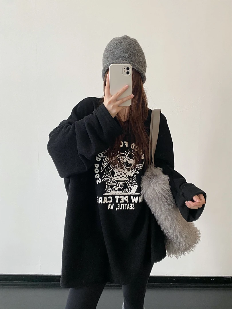 美式复古时尚德绒长袖t恤女休闲宽松chic潮牌内搭打底衫保暖上衣