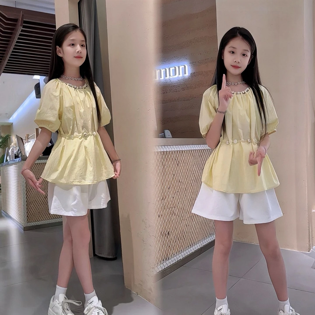 女童夏季薄款套装女孩洋气韩版大童12-15岁泡泡袖上衣+短裤两件套
