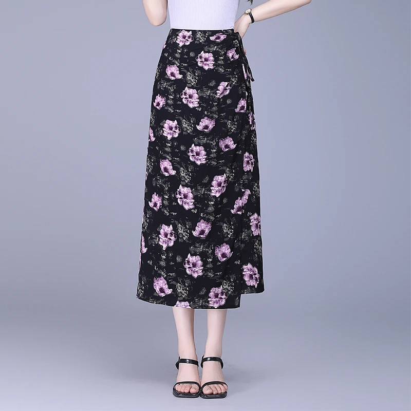 印花雪纺包裙女士显瘦半身裙夏季长裙垂坠感一片式裙子高腰直筒裙