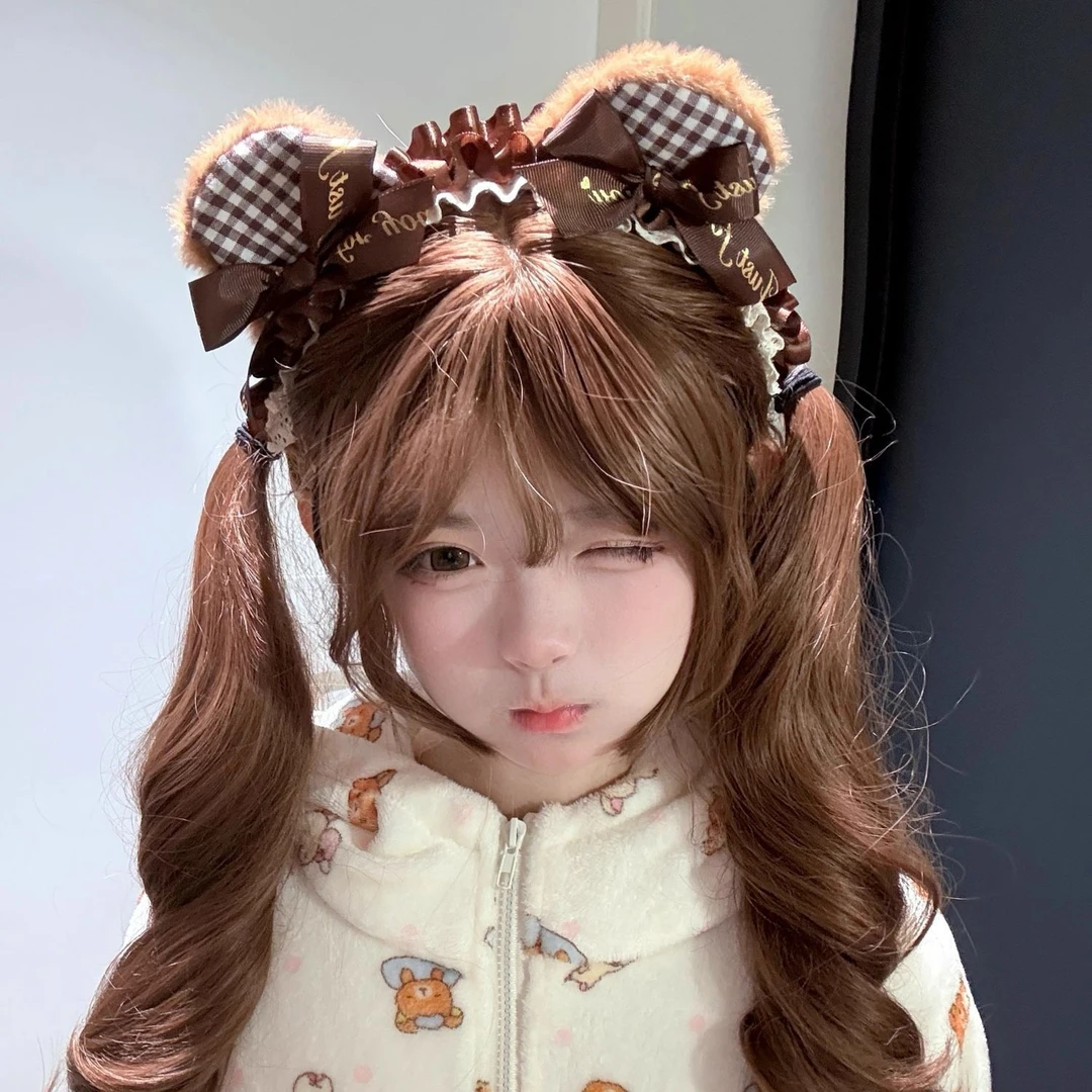 小熊摘星星 |可爱蕾丝咖色毛绒小熊发箍熊耳朵头箍甜美洛丽塔发饰