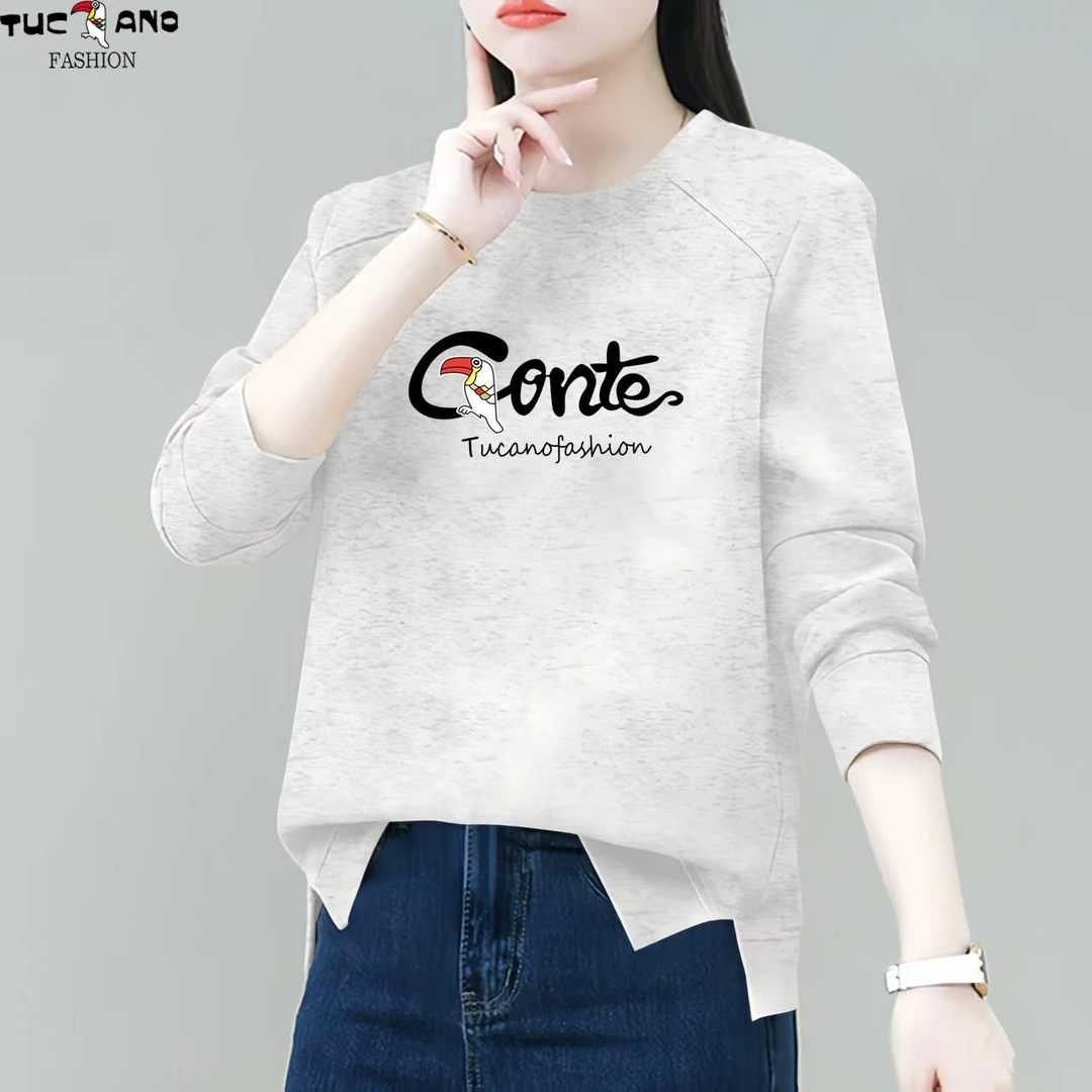 啄木鸟休闲卫衣女2025年新款春秋季时尚圆领短款妈妈款长袖上衣