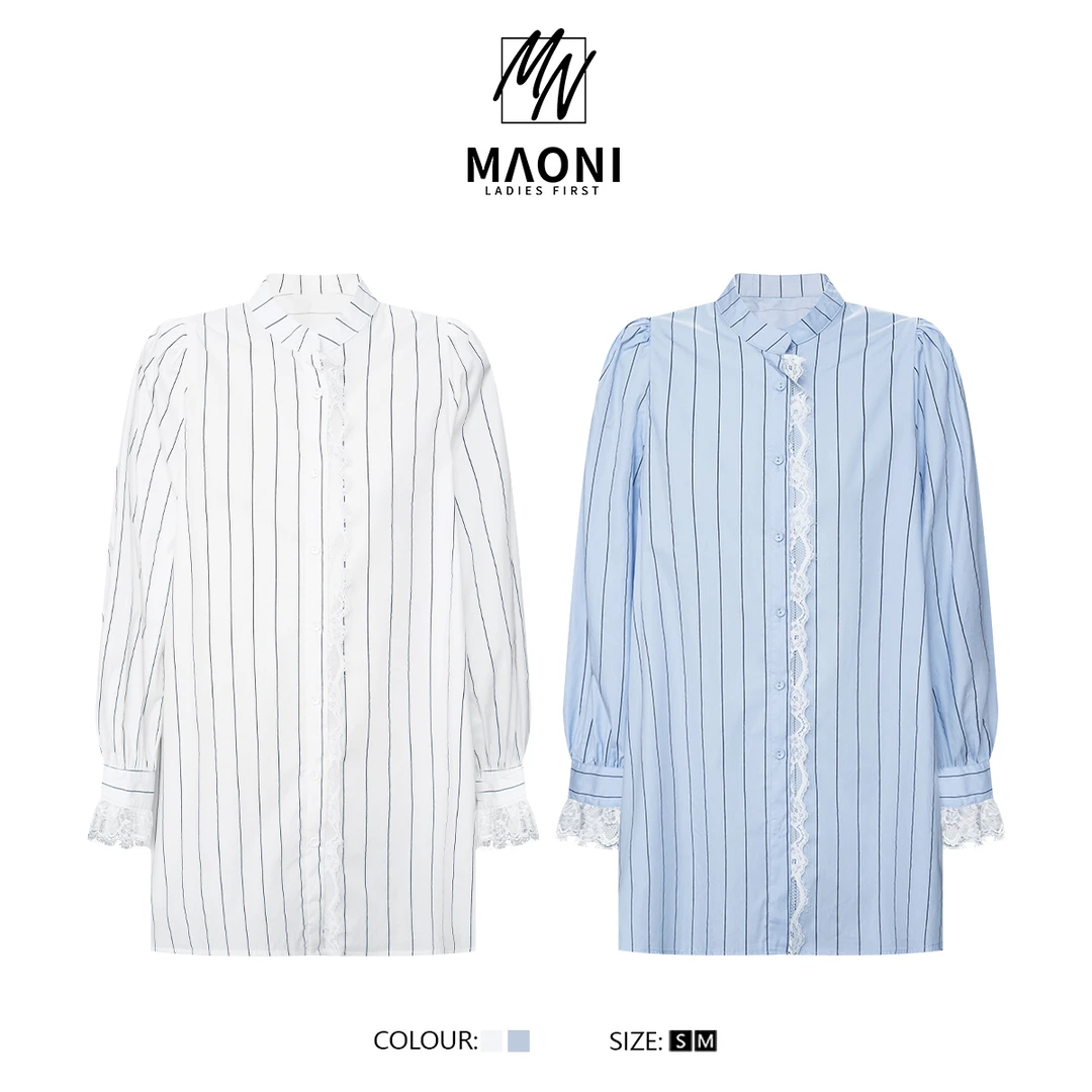 毛妮Peshe【条纹衬衫裙】早春新款韩系花边拼接设计感连衣裙女L1433