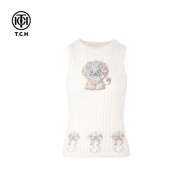 TCH现货私服烫钻工艺小狮子百搭休闲背心女T75A03E5007轻奢tch