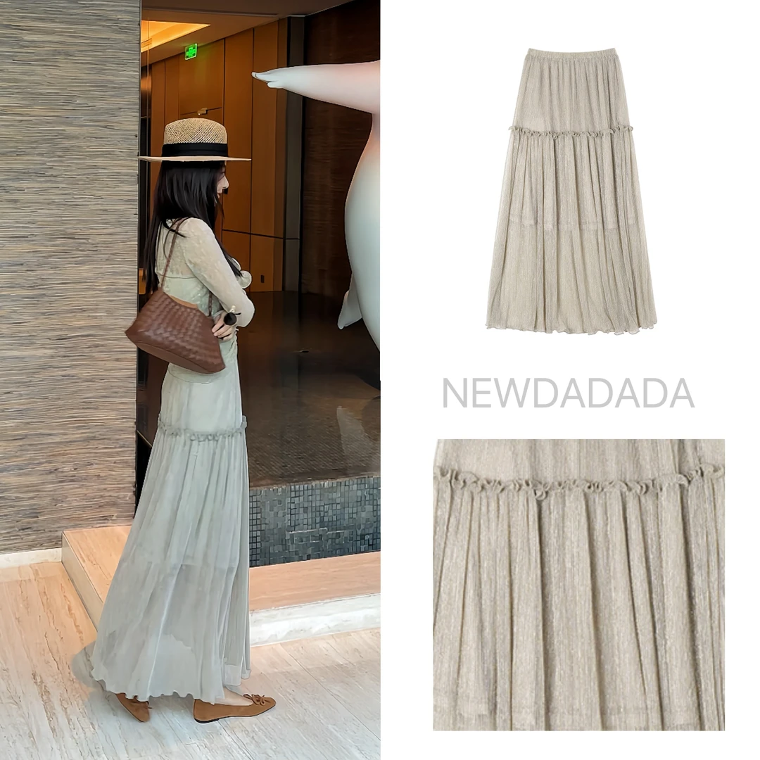 利达NEWDADA雪纺网纱百褶半身裙高腰垂感a字伞裙大摆长裙SDK1115