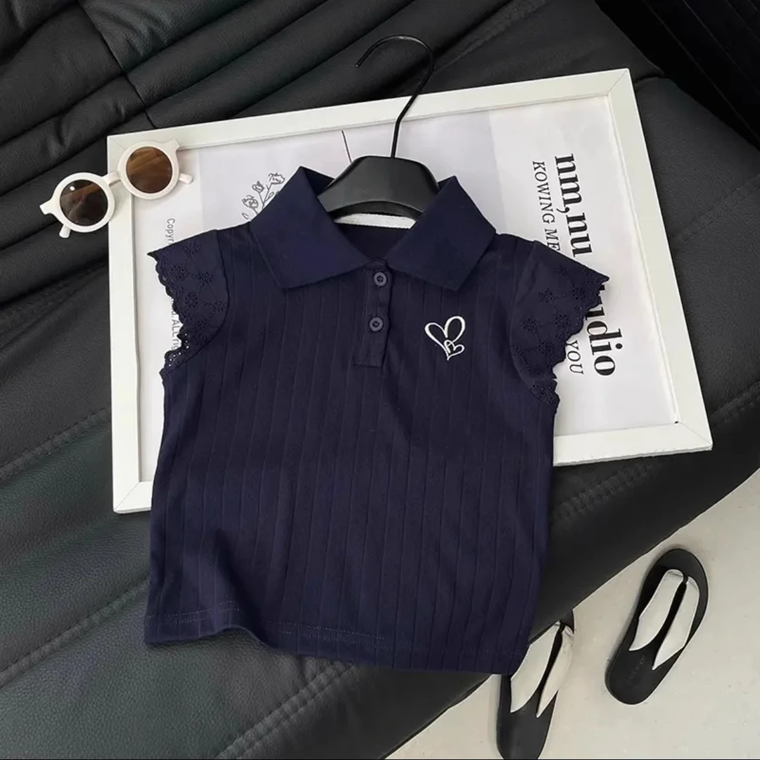 2025新款女童刺绣蕾丝拼接爽滑透气Polo衫上衣儿童无袖T恤中大童