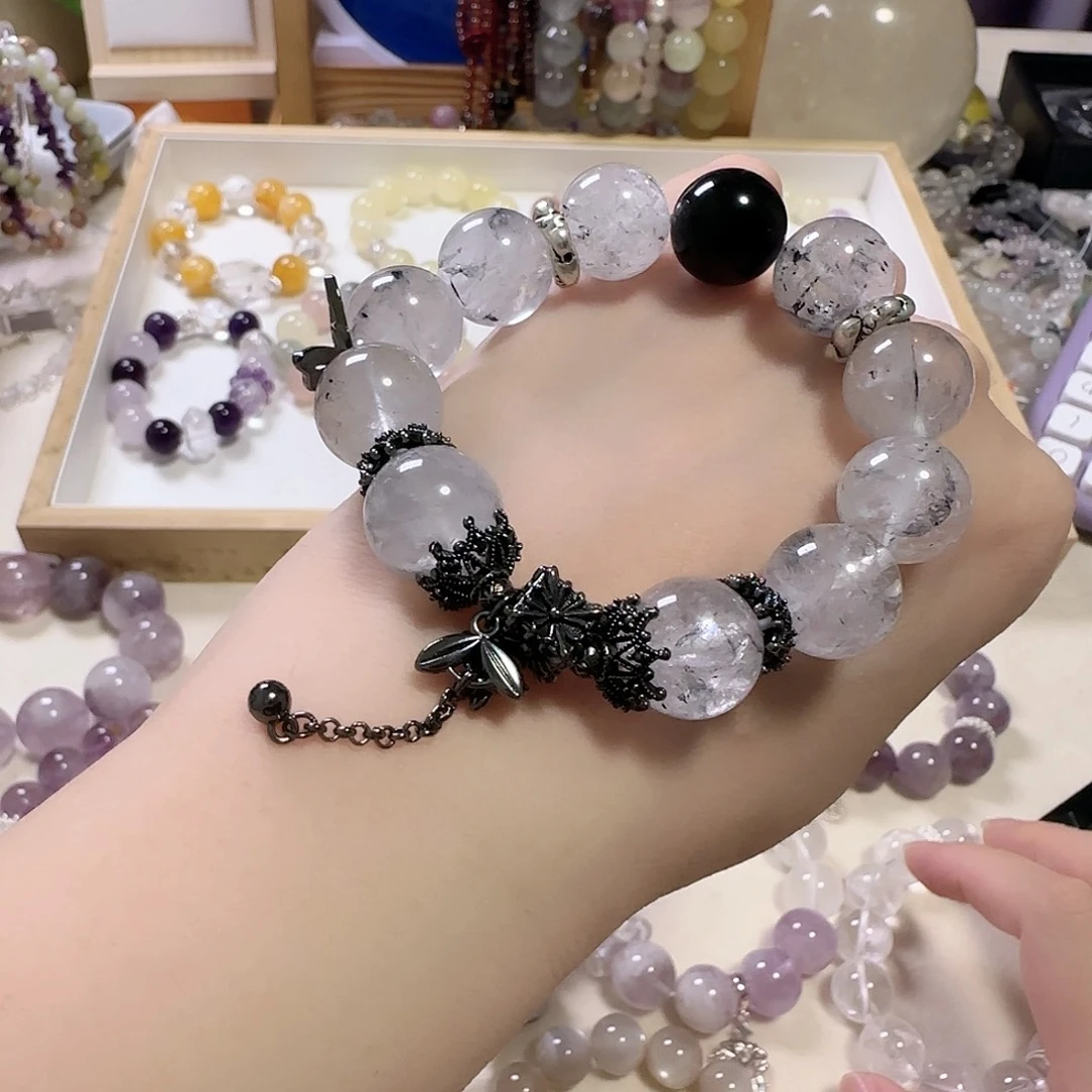 烟晶手链银S925镶嵌黑闪灵