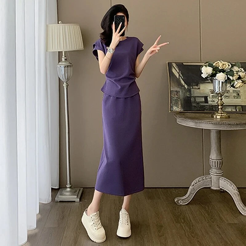 时尚气质减龄运动套装裙女夏新款紫色圆领短袖上衣半身长裙两件套